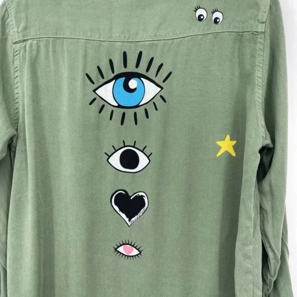 Lauren Moshi Green Button Up Top Womens XSmall Eye Heart Army Fringe Stud - Picture 5 of 10